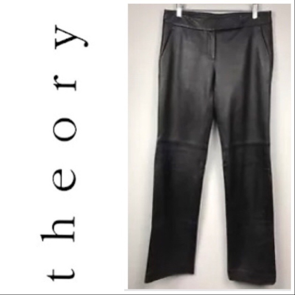 THEORY BLK LEATHER STRAIGHT LEG TROUSER SZ 6 x 34